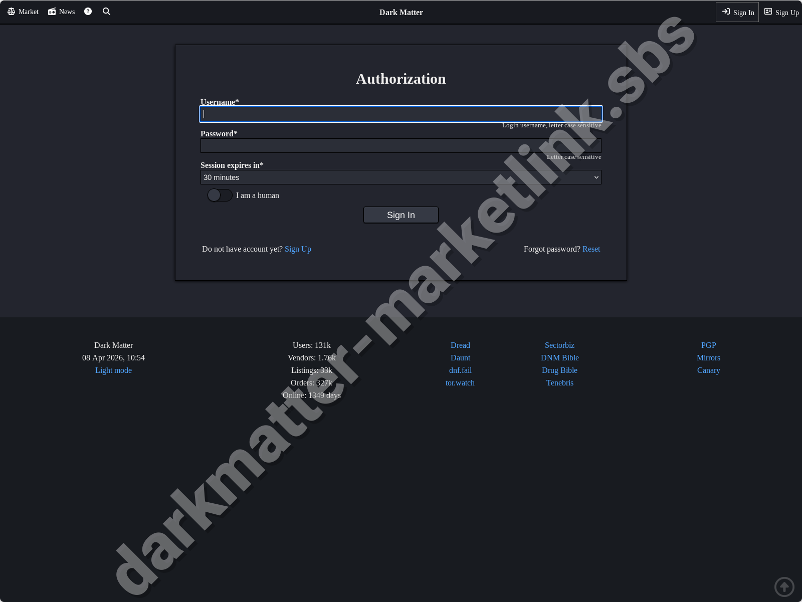 Login interface of Dark Matter Market Link